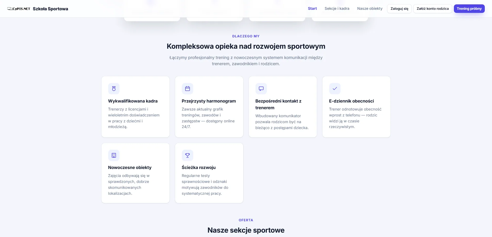 Sekcja informacyjna szkoły sportowej z opisem kadry, harmonogramu, obecności i obiektów