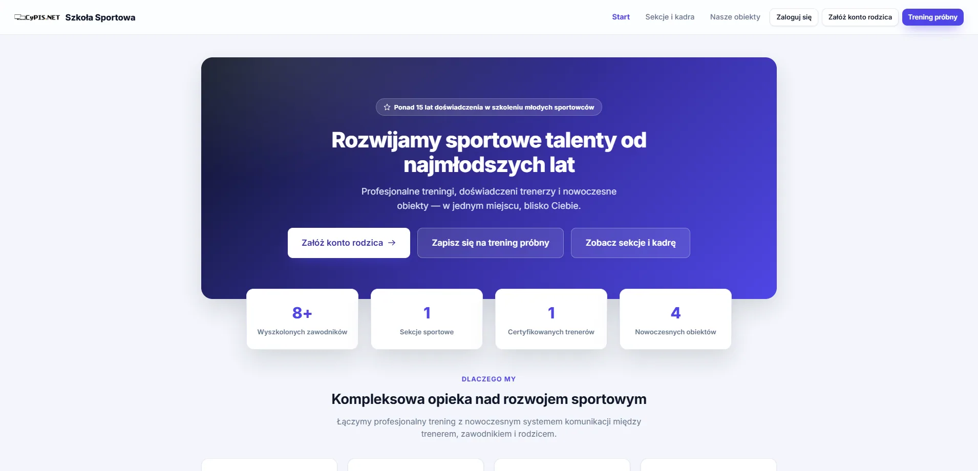 Publiczna strona internetowa szkoły sportowej z przyciskami zapisu na trening próbny i rejestracji rodzica